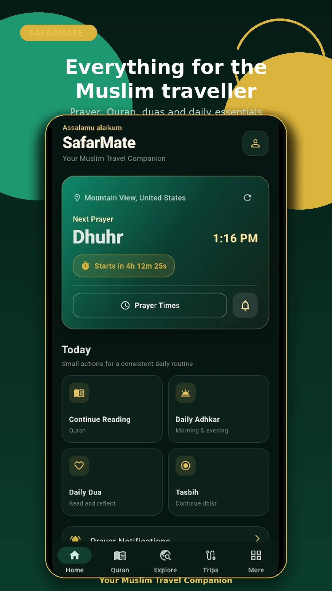 SafarMate home dashboard with prayer and Islamic tools