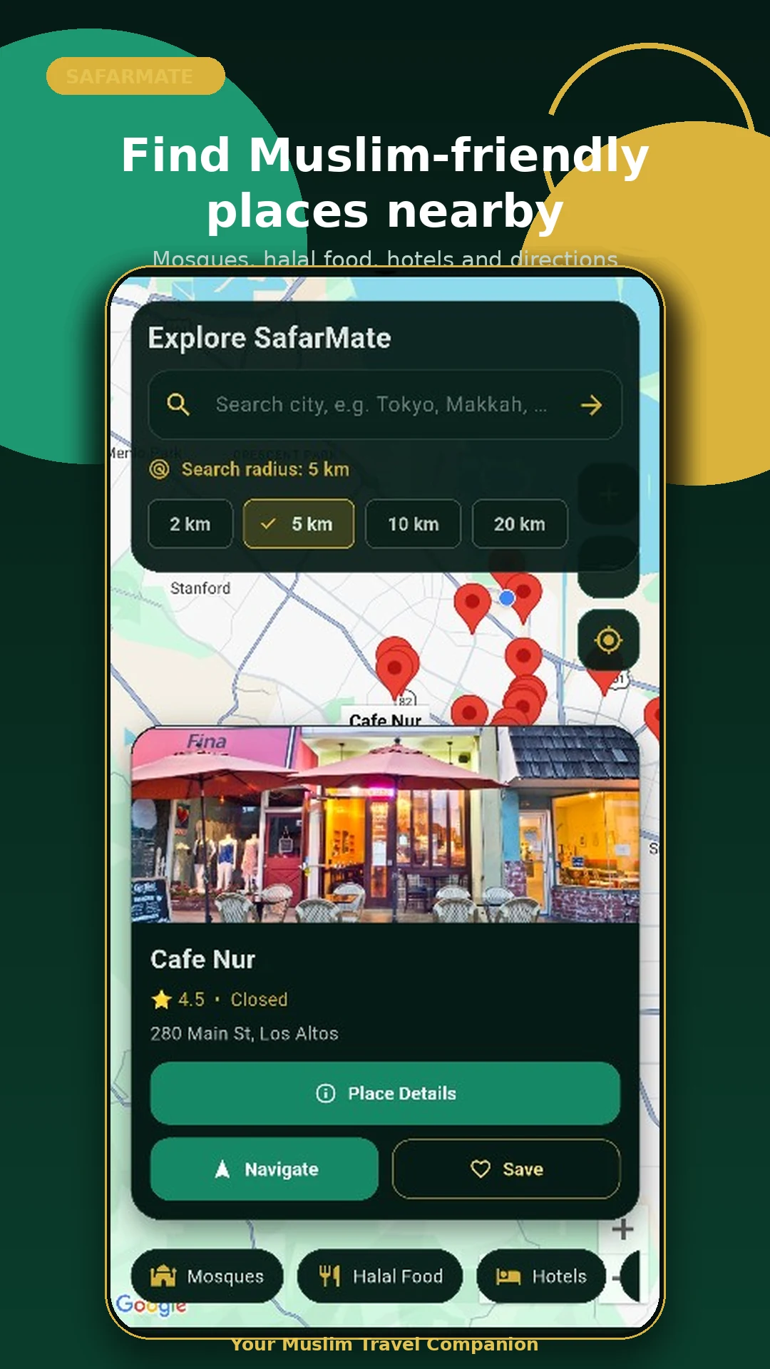 SafarMate nearby halal food and mosque map