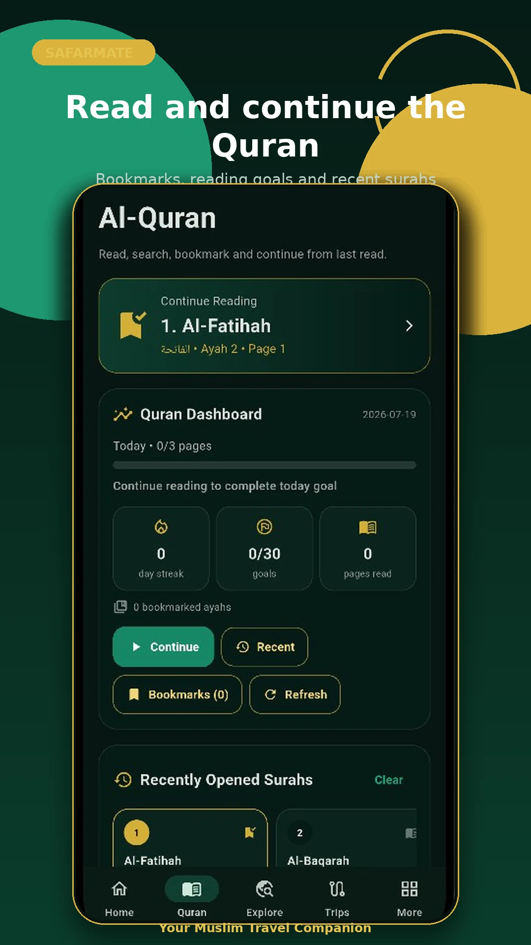 SafarMate Quran dashboard